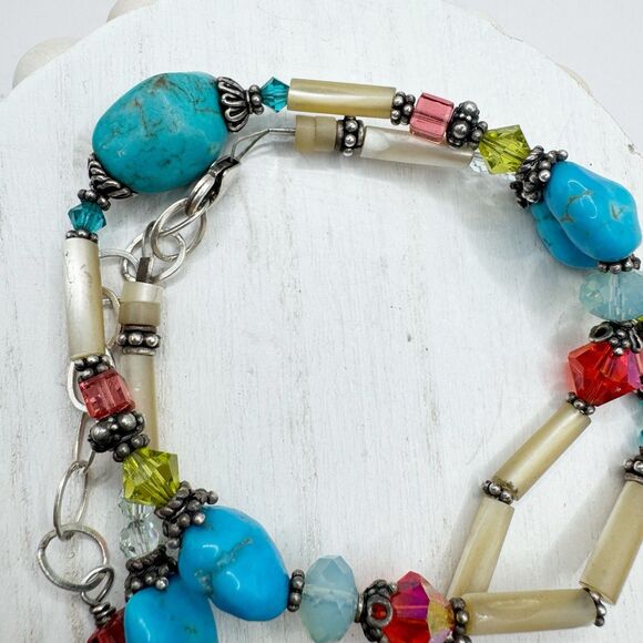 Turquoise Chunk Faceted Colorful Glass Sterling Silver Beaded Necklace Bohemian - Picture 8 of 11